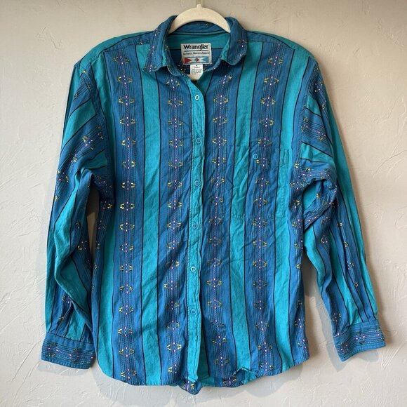 Vintage Wrangler Women’s Shirt Button Aztec Blue cowgirl Cowboy Western Rodeo M - Picture 1 of 7